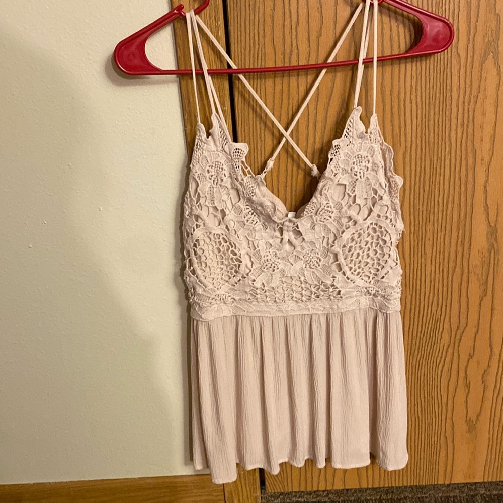 Tan, cross back, spaghetti strap, fairly worn